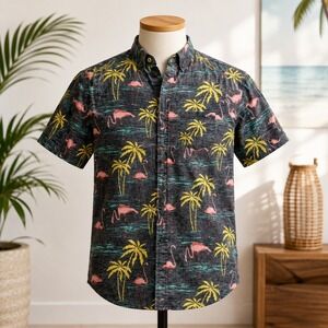 Straight Faded Flamingo Palm Tree Shirt Mens Size Small Gray Tropical Button Up